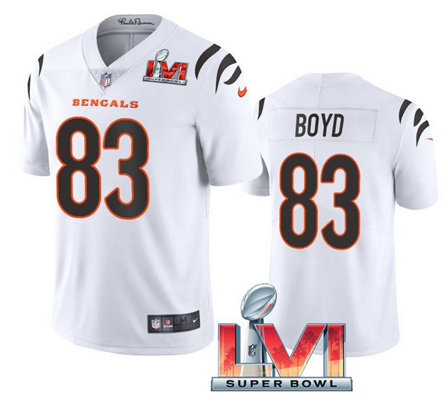 Men's Cincinnati Bengals #83 Tyler Boyd 2022 White Super Bowl LVI Vapor Limited Stitched Jersey Men's Cincinnati Bengals #83 Tyler Boyd 2022 White Super Bowl LVI Vapor Limited Stitched Jersey